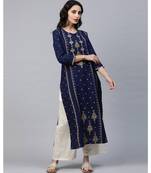 Indo Era Blue Foil Printed Straight Kurtas