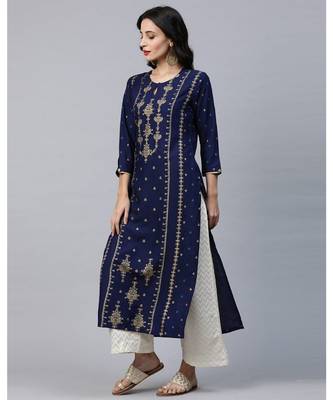 Indo Era Blue Foil Printed Straight Kurtas 2
