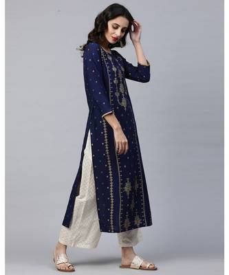 Indo Era Blue Foil Printed Straight Kurtas 3