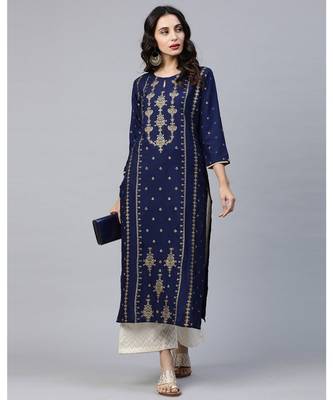 Indo Era Blue Foil Printed Straight Kurtas 4