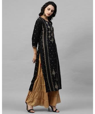 Indo Era Black Foil Printed Straight Kurtas 3