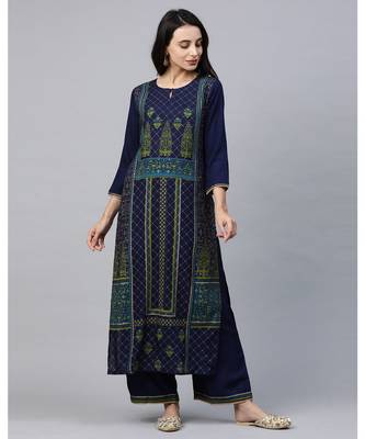 Indo Era Blue Foil Printed Straight Kurtas 1