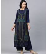 Indo Era Blue Foil Printed Straight Kurtas