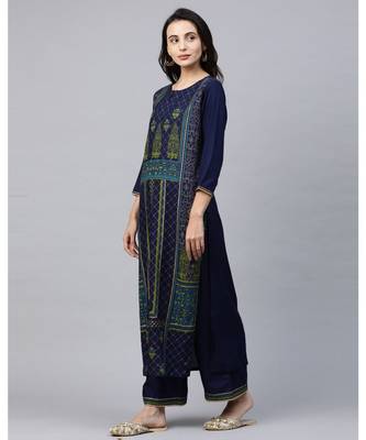 Indo Era Blue Foil Printed Straight Kurtas 2