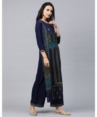 Indo Era Blue Foil Printed Straight Kurtas 3