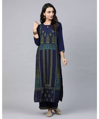 Indo Era Blue Foil Printed Straight Kurtas 4