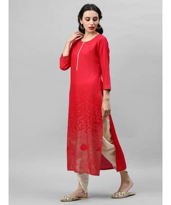 Indo Era Red Foil Printed Straight Kurtas 2