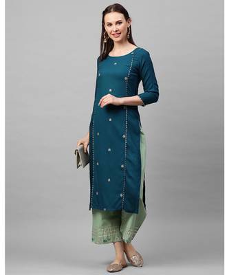 Indo Era Teal Embroidered Straight Kurtas 1