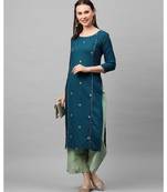 Indo Era Teal Embroidered Straight Kurtas