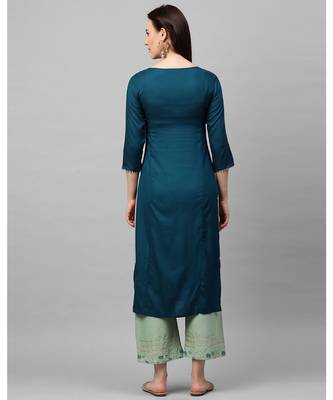 Indo Era Teal Embroidered Straight Kurtas 2