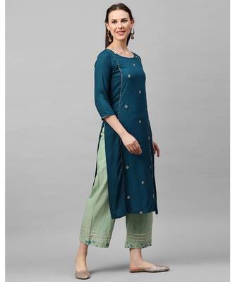 Indo Era Teal Embroidered Straight Kurtas 3