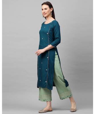 Indo Era Teal Embroidered Straight Kurtas 4