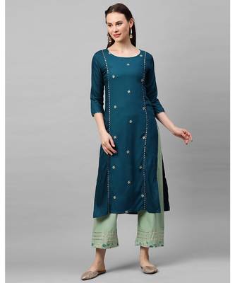 Indo Era Teal Embroidered Straight Kurtas 5