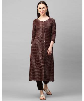 Indo Era Brown Foil Printed A-Line Kurtas 1