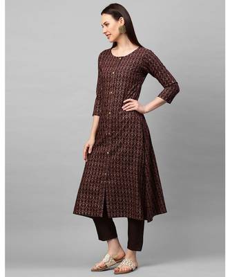 Indo Era Brown Foil Printed A-Line Kurtas 4