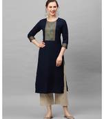 Indo Era Navy Blue Solid Kurtas
