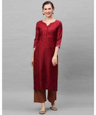Indo Era Maroon Solid Straight Kurtas 1