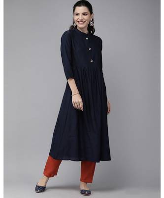 Indo Era Navy Blue Solid A-line Kurtas 1
