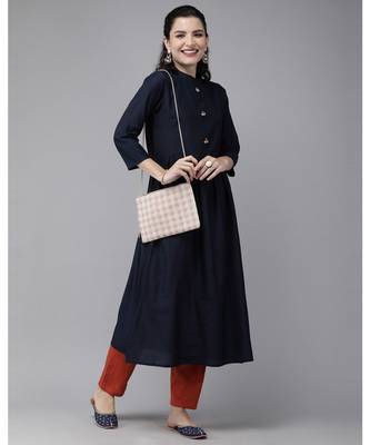 Indo Era Navy Blue Solid A-line Kurtas 3