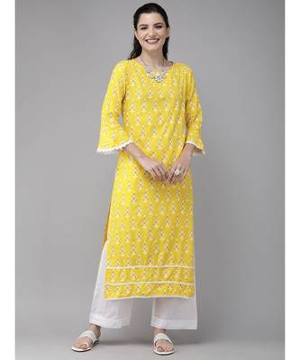 Indo Era Yellow Foil Printed Straight Kurtas 1