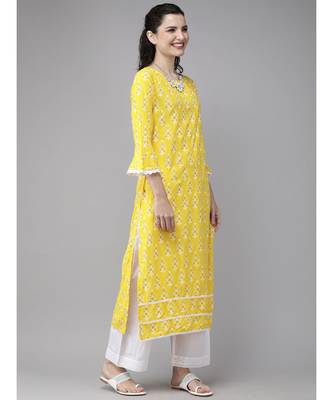 Indo Era Yellow Foil Printed Straight Kurtas 2