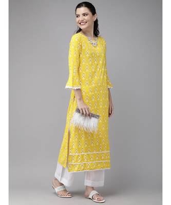 Indo Era Yellow Foil Printed Straight Kurtas 3