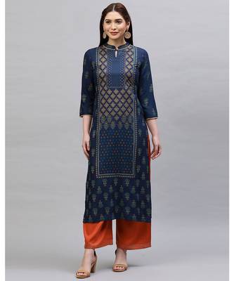 Indo Era Navy Blue Printed Straight Kurtas 1