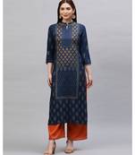Indo Era Navy Blue Printed Straight Kurtas