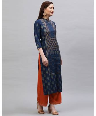 Indo Era Navy Blue Printed Straight Kurtas 2