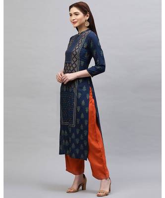 Indo Era Navy Blue Printed Straight Kurtas 3
