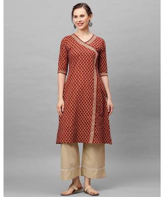 Indo Era Brown Floral Printed Anghrakha Style A-Line Kurta 1