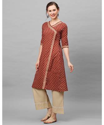 Indo Era Brown Floral Printed Anghrakha Style A-Line Kurta 2