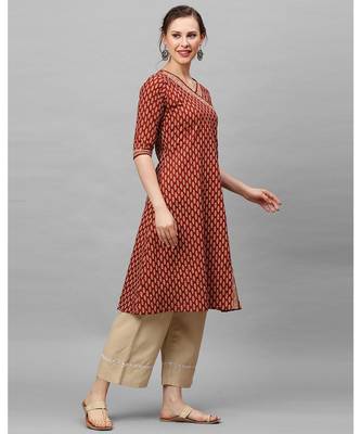 Indo Era Brown Floral Printed Anghrakha Style A-Line Kurta 3