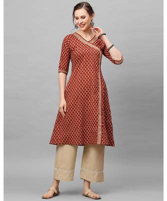 Indo Era Brown Floral Printed Anghrakha Style A-Line Kurta 4