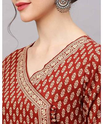 Indo Era Brown Floral Printed Anghrakha Style A-Line Kurta 5