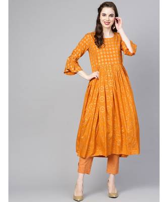 Indo Era Mustard Printed A-line Kurtas 1