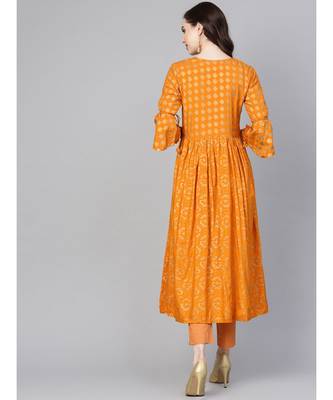Indo Era Mustard Printed A-line Kurtas 2