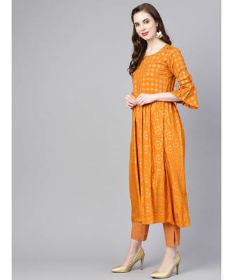 Indo Era Mustard Printed A-line Kurtas 3