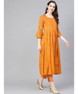 Indo Era Mustard Printed A-line Kurtas 4