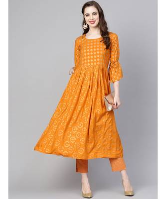 Indo Era Mustard Printed A-line Kurtas 5