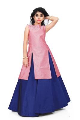 Kids Pink Indo With Blue Lehenga Choli For Girls 1