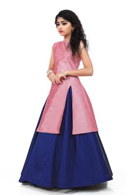 Kids Pink Indo With Blue Lehenga Choli For Girls 3