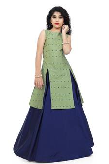 Kids Pista Indo With Blue Lehenga For Girls 