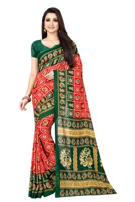Red printed faux georgette saree with blouse 1