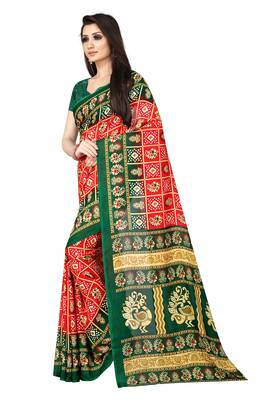 Red printed faux georgette saree with blouse 2