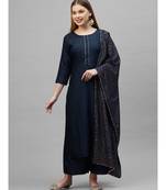 Indo Era Navy Blue Solid Straight Kurta Palazzo With Dupatta Sets