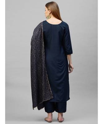 Indo Era Navy Blue Solid Straight Kurta Palazzo With Dupatta Sets 2