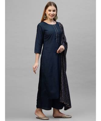 Indo Era Navy Blue Solid Straight Kurta Palazzo With Dupatta Sets 3