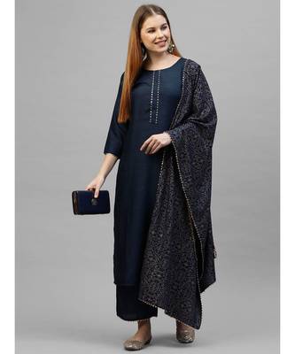 Indo Era Navy Blue Solid Straight Kurta Palazzo With Dupatta Sets 4