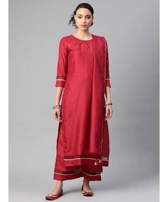 Indo Era Maroon Solid Straight Kurta Pant with Dupatta Sets 1